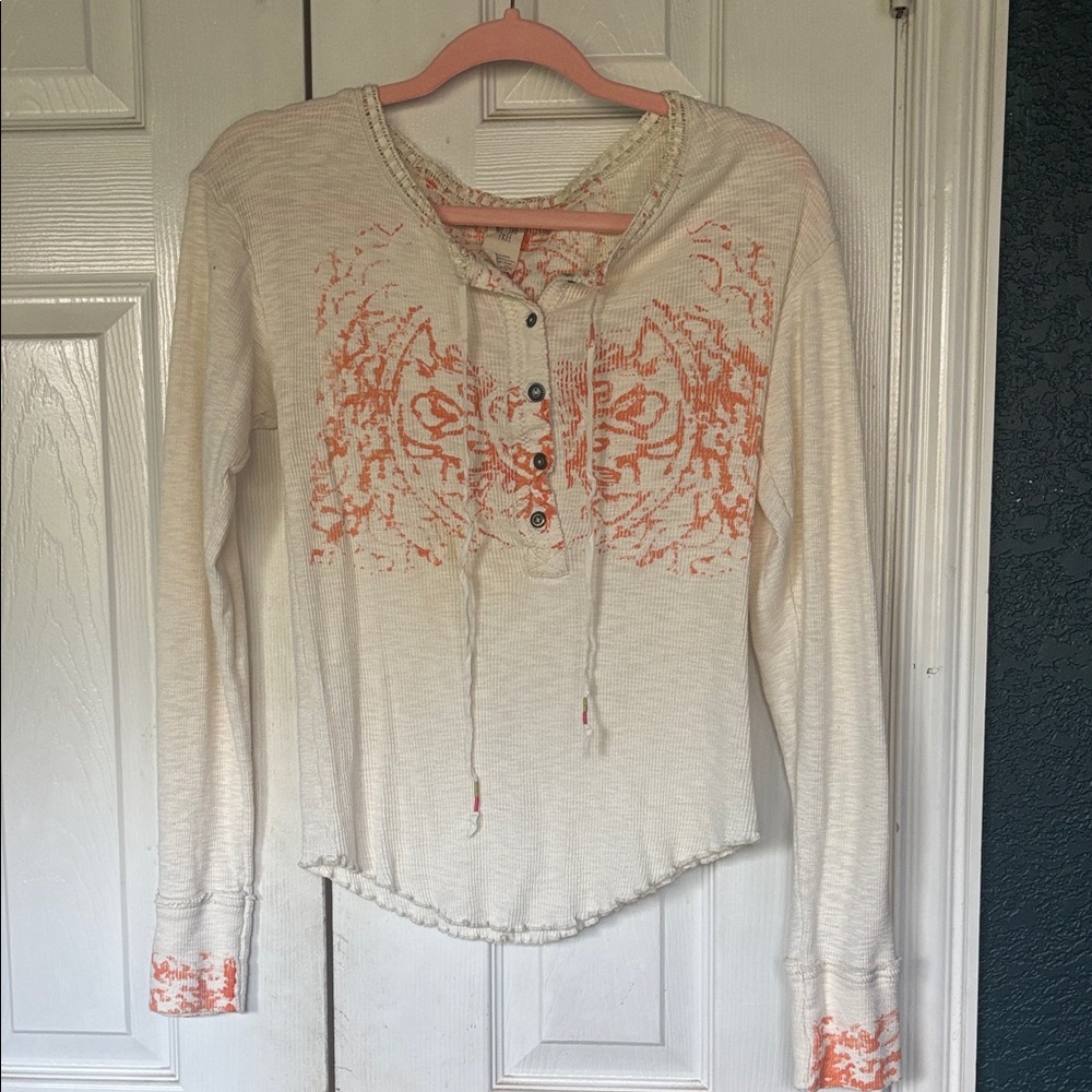 We The Free Cream and Orange Graphic Blouse